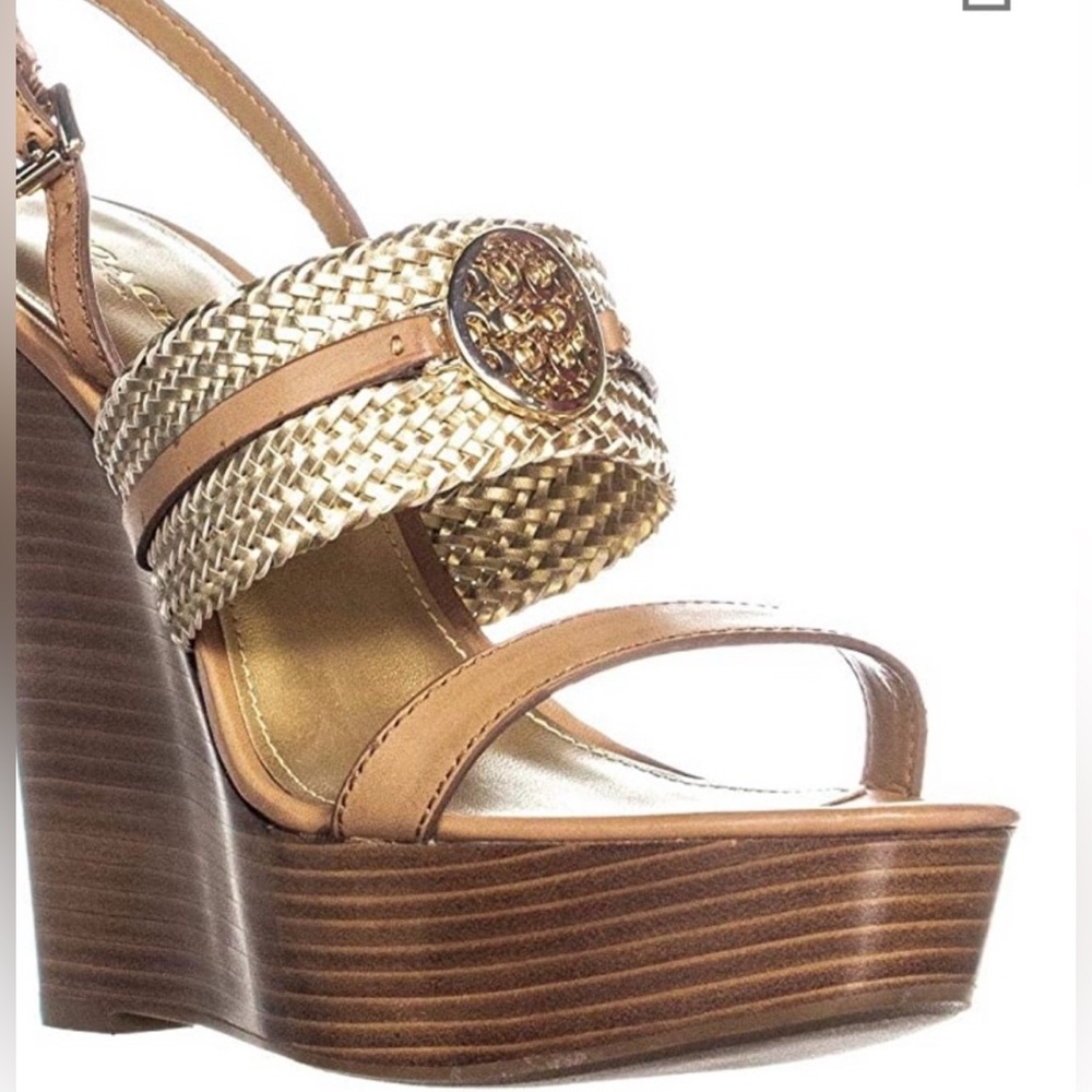 Gorgeous EUC Coach Women's Gold and Tan Wedge Sandals